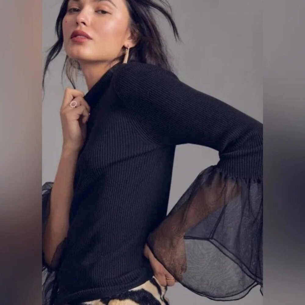 Anthropologie Black Long Sleeve Sweater with Tulle Sleeves